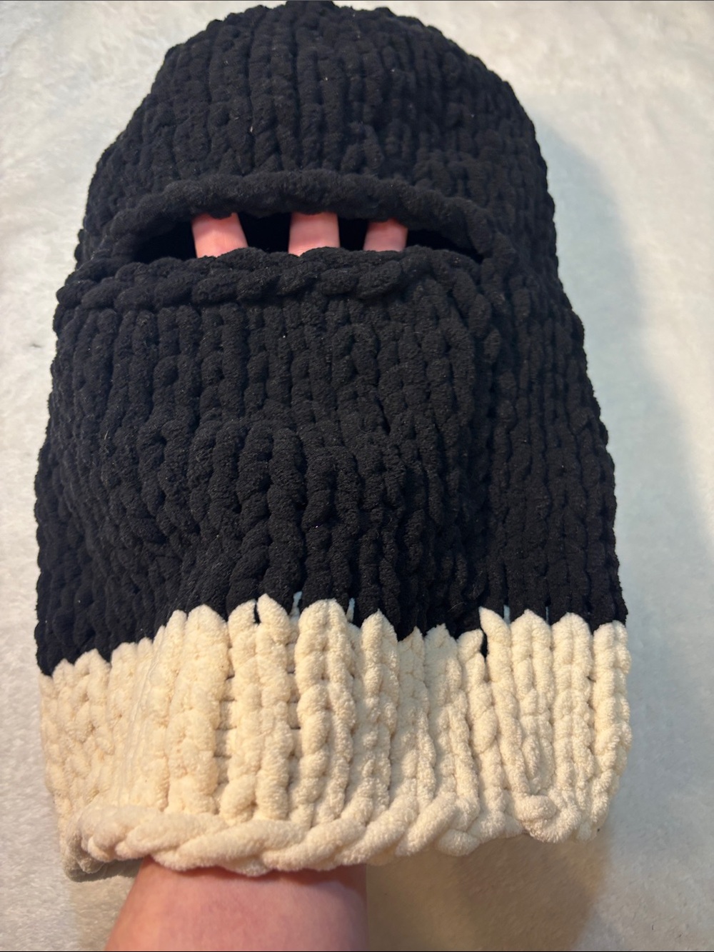 Beanie Handmade unisex Black and Cream Knit Opening for Eyes NWOT